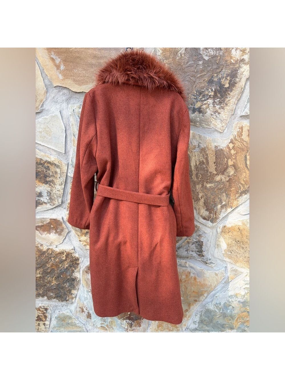 Zara Manteco Wool Penny Lane Faux Fur Collar Trench Wrap Coat Size 16 Rust - Picture 7 of 12